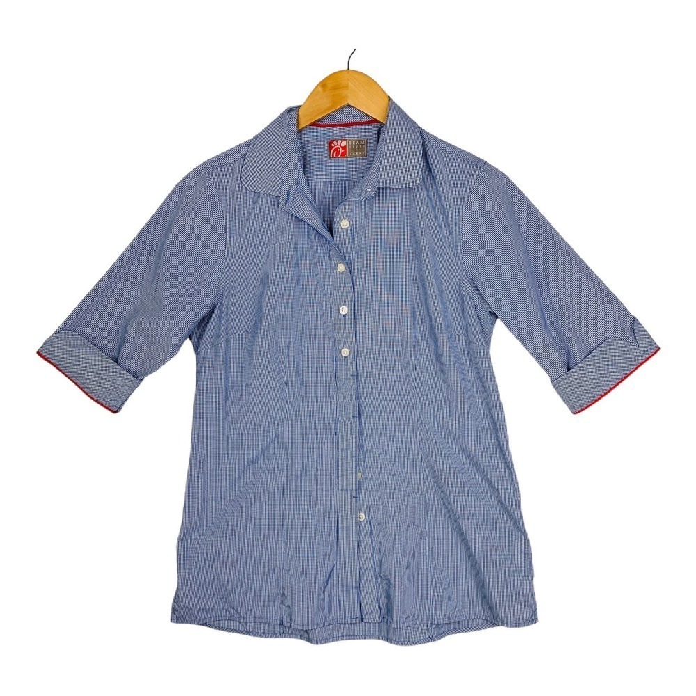 Chick-Fil-A Women’s Blue White Checkered Team Member Button Up Blouse SizeMedium